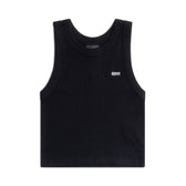 The CROP TOP BLACK (SINGLE) by 6PM is a black ribbed cotton cropped tank with a round neckline and a small white 6PM logo on the left chest, shown against a white background.