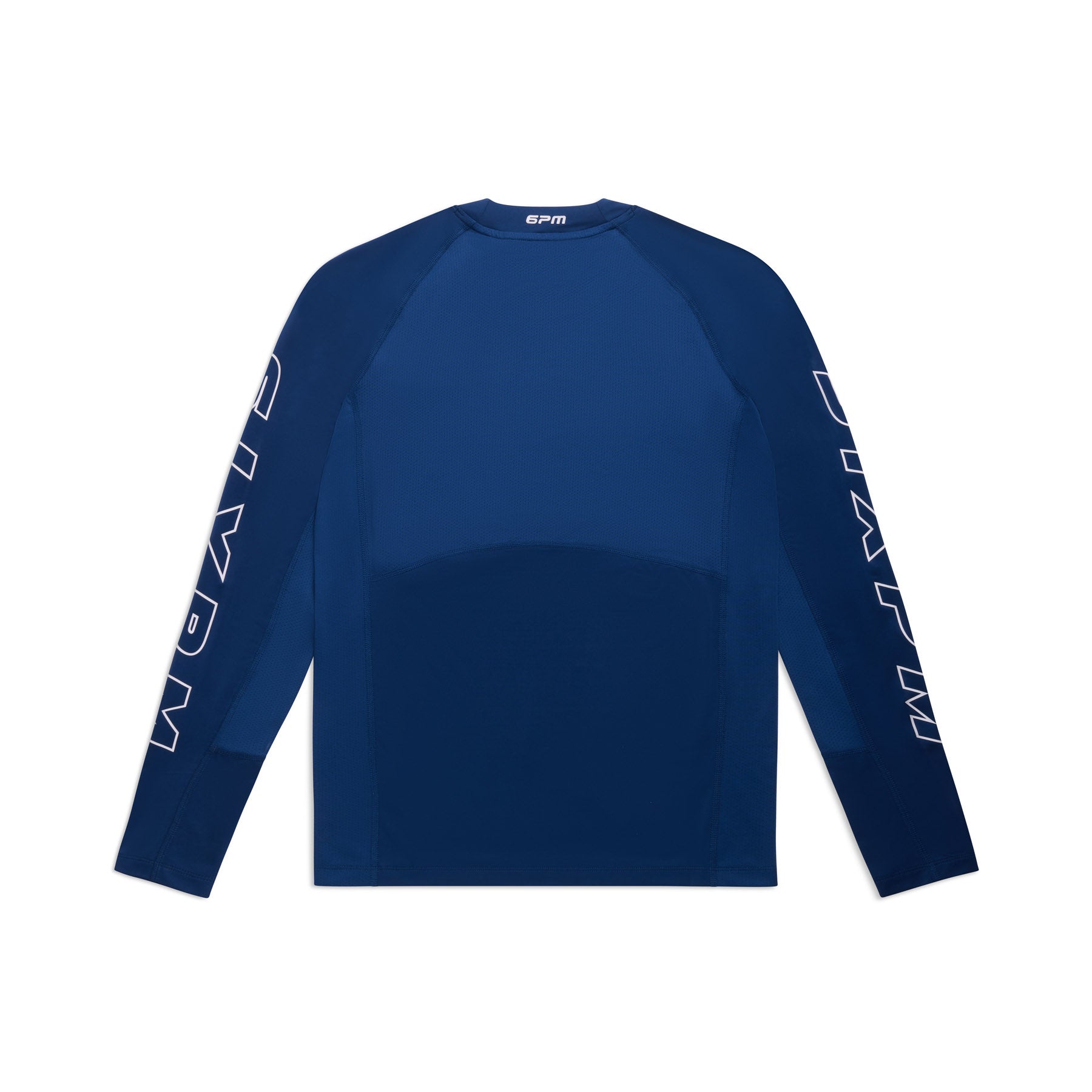 The 6PM SPORTS LONGSLEEVE DEEP SEA BLUE by 6PM is a navy athletic shirt with "6PM" in bold white letters on each sleeve, displayed flat against a white background.