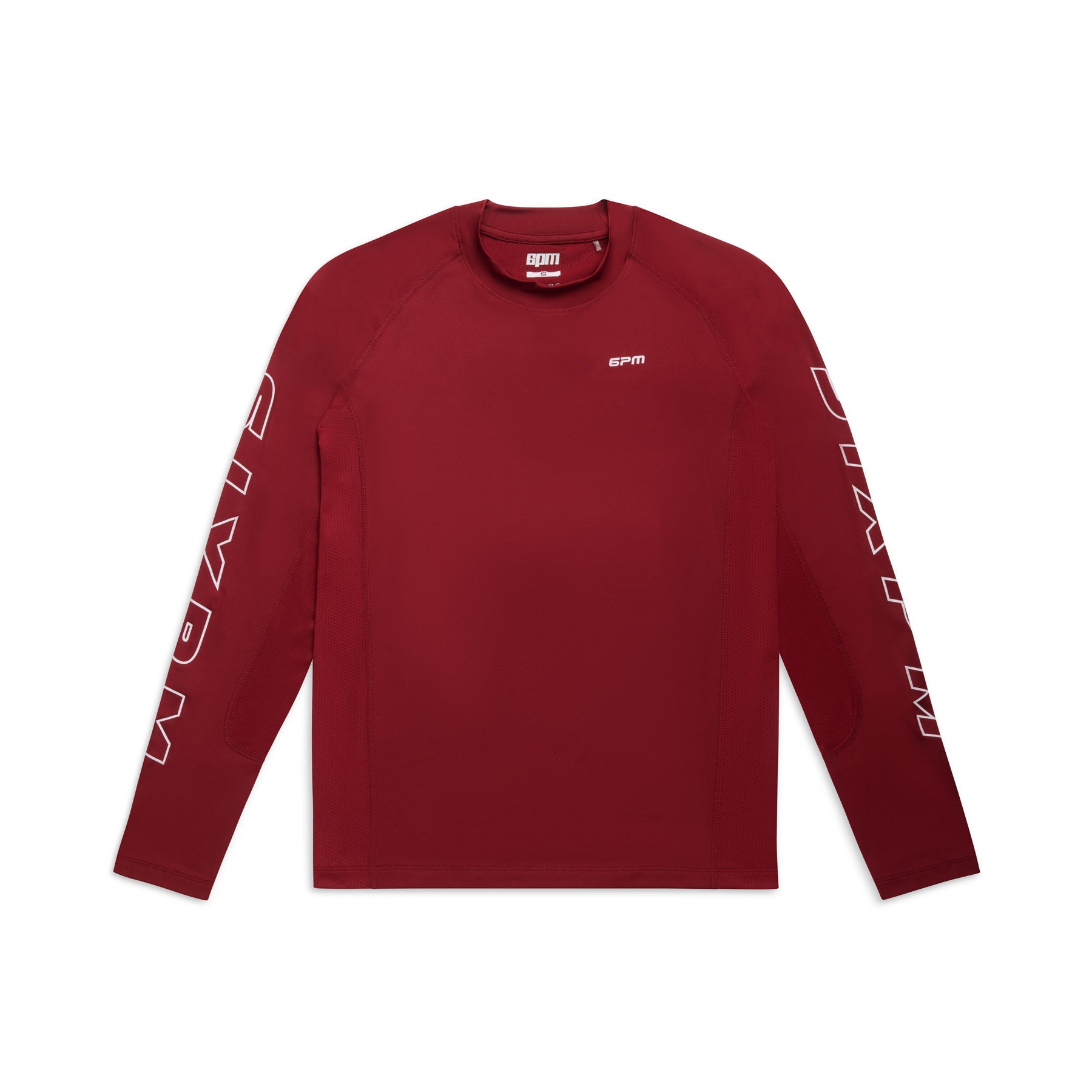 The 6PM SPORTS LONGSLEEVE WINE RED by 6PM is a wine red athletic long-sleeve shirt with “GYM” in white on both sleeves and a small GYM logo on the left chest, shown laid flat on a white background.