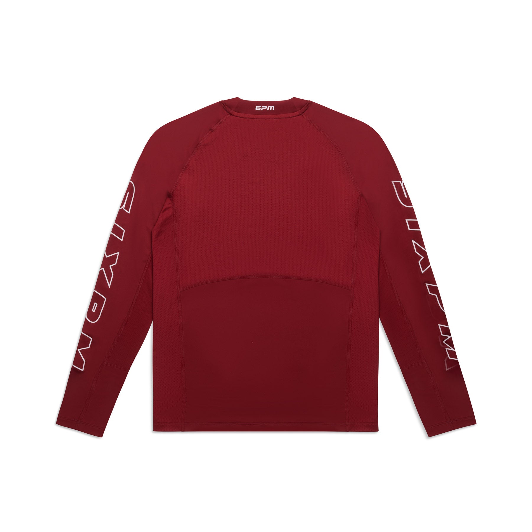The 6PM SPORTS LONGSLEEVE WINE RED by 6PM is a fitted, crew-neck athletic shirt in deep red, featuring white SAYPM text printed vertically on both sleeves for a minimalistic look.