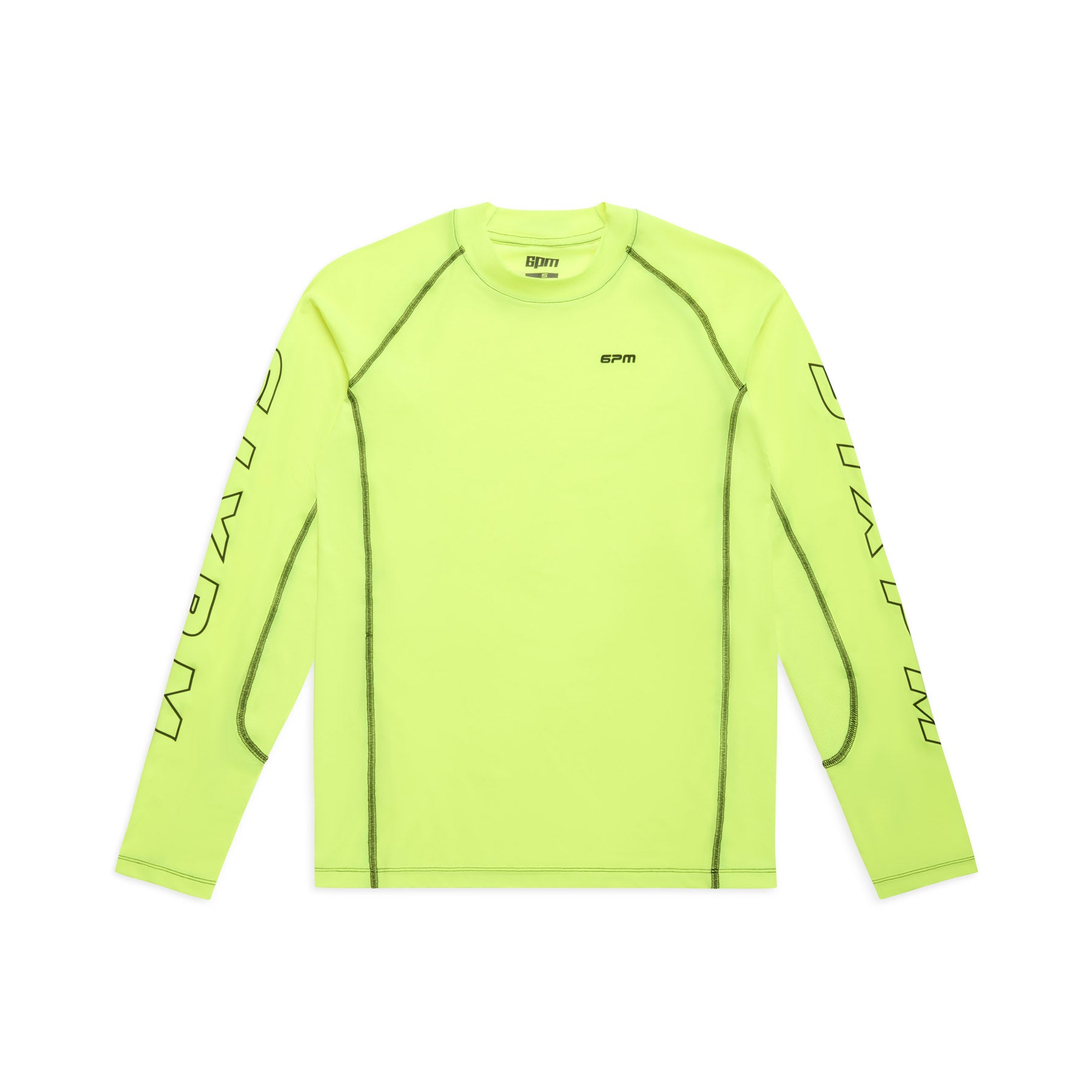 The 6PM SPORTS LONGSLEEVE NEON YELLOW by 6PM is a slim-fit, crew neck shirt in neon yellow with black seams and "6PM" printed on the chest and both sleeves.