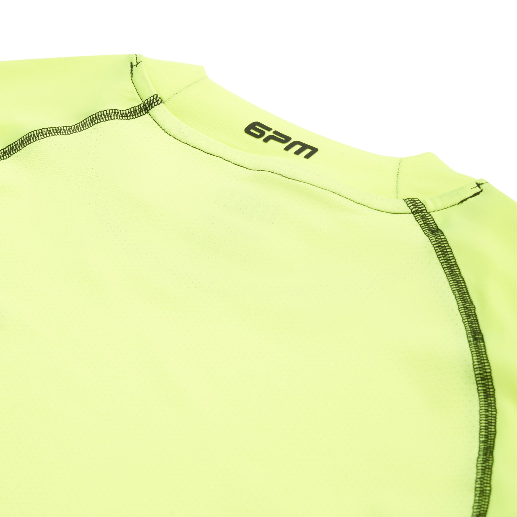 Close-up of the back neckline of the 6PM SPORTS LONGSLEEVE NEON YELLOW shirt by 6PM, featuring black stitching and "6PM" printed near the collar.