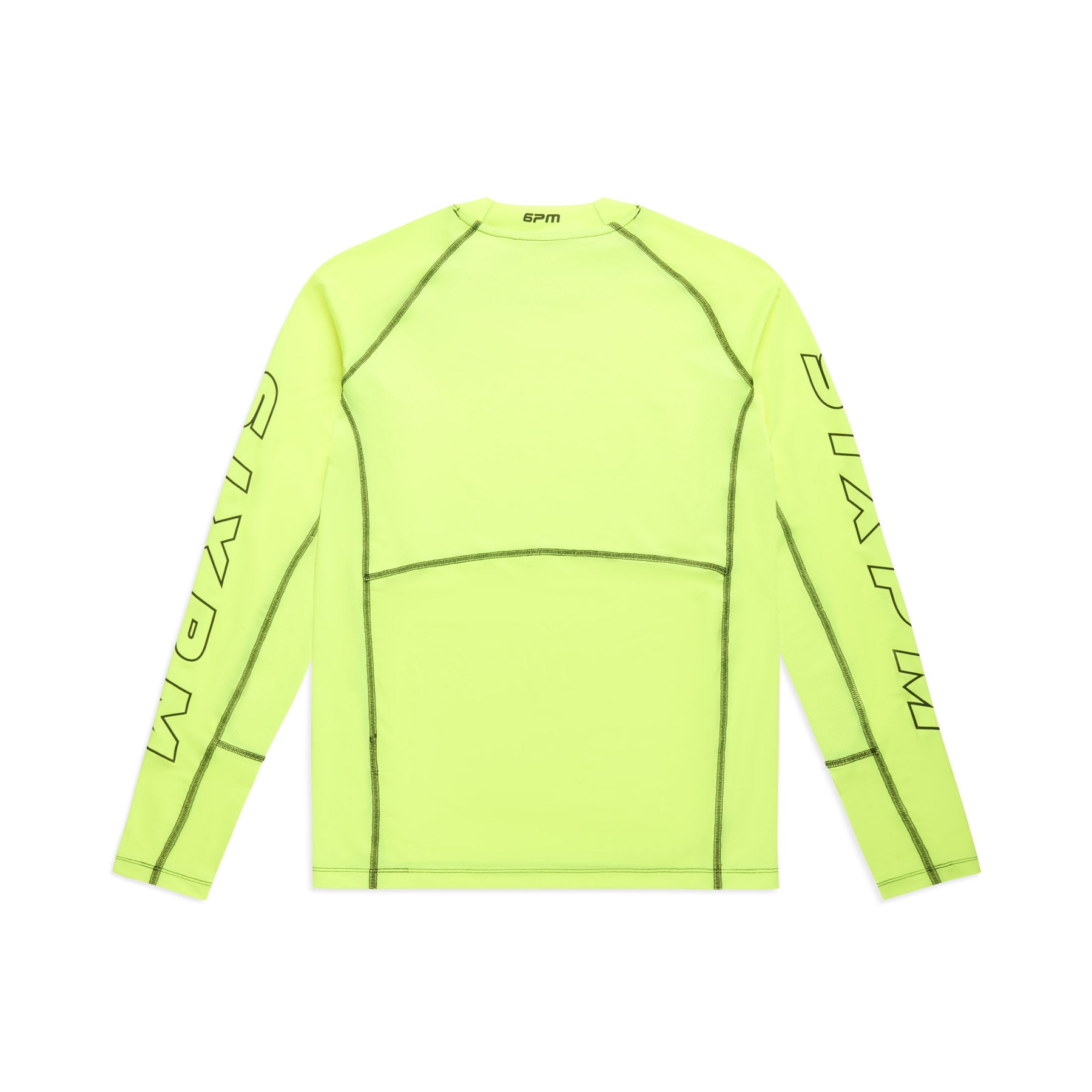 The 6PM SPORTS LONGSLEEVE NEON YELLOW by 6PM features visible dark seams and "SYPERM" printed in large letters on both sleeves. The image shows the back side of the neon yellow long-sleeve shirt laid flat.