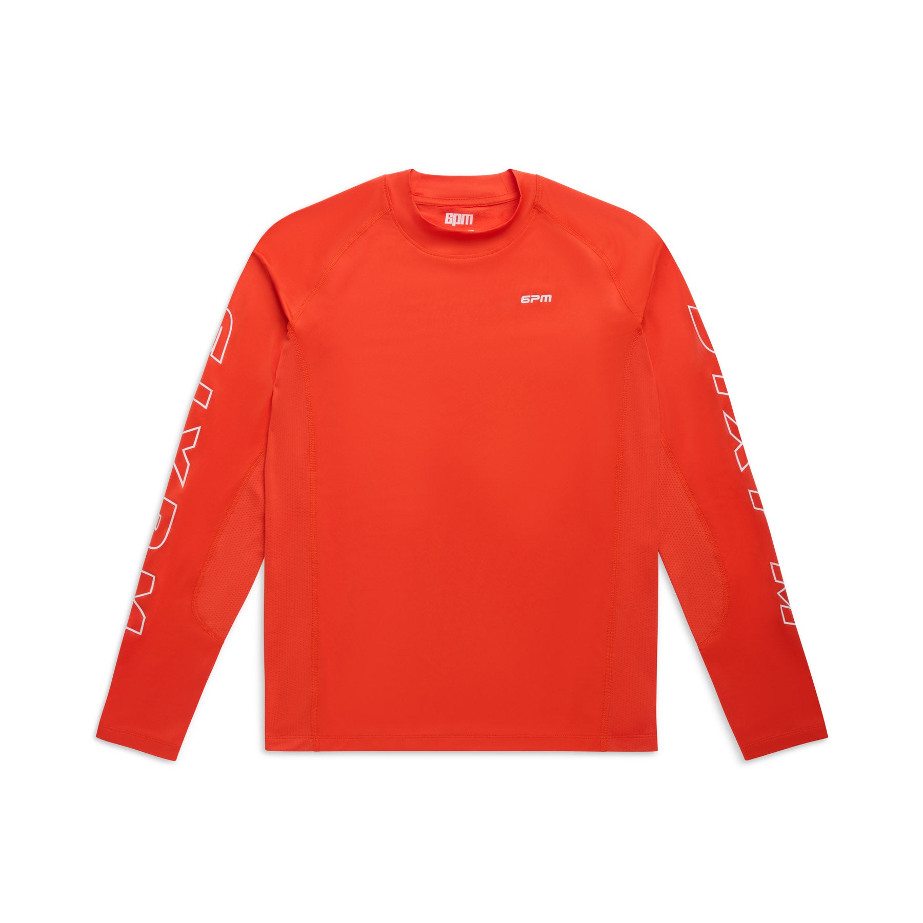 The 6PM SPORTS LONGSLEEVE SUNSTONE RED by 6PM is a bright orange athletic shirt featuring white graphics on both sleeves and a small white logo on the left chest, shown laid flat on a white background.