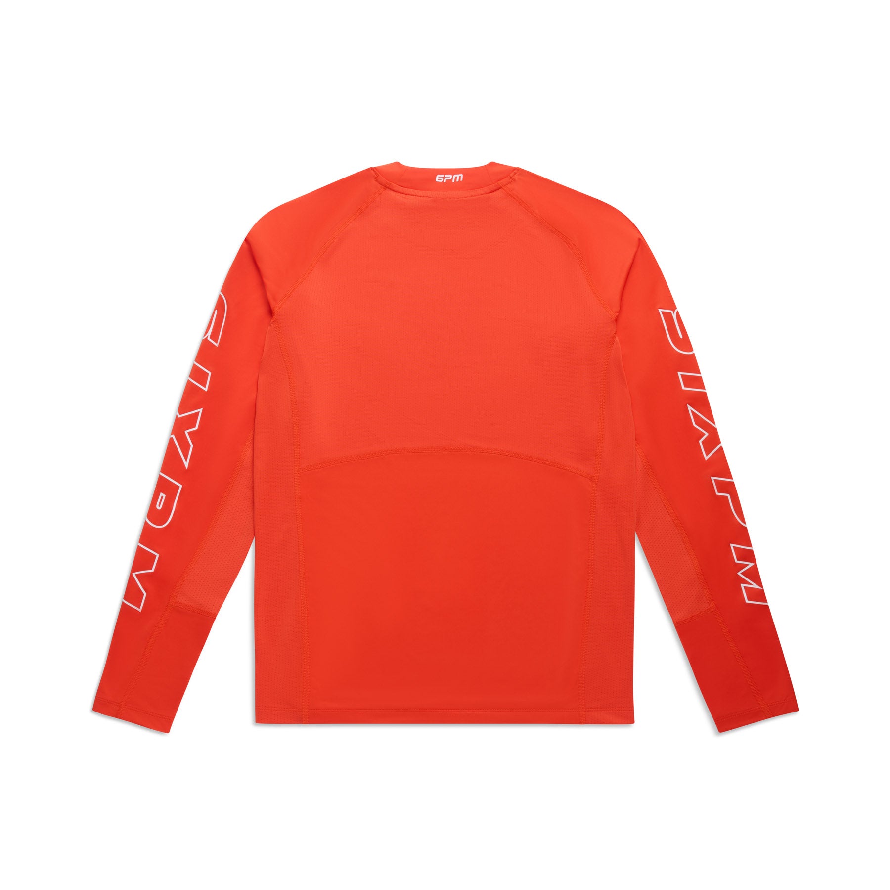 The 6PM SPORTS LONGSLEEVE SUNSTONE RED by 6PM is a fitted, athletic shirt in bright orange-red, shown from the back. "6PM" appears in white on both sleeves and at the inner neck area.