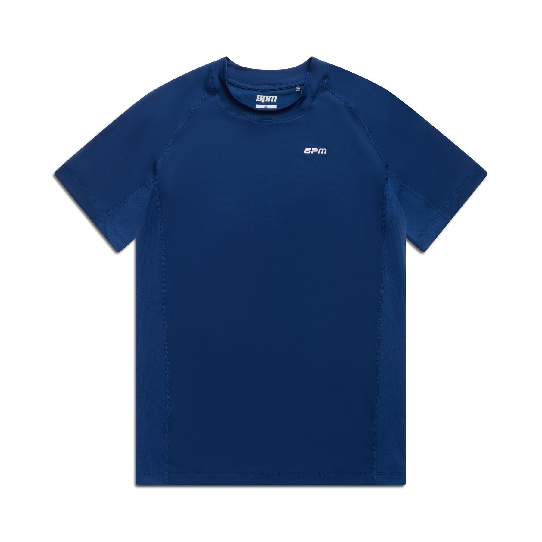 The 6PM SPORTS T-SHIRT DEEP SEA BLUE by 6PM is a plain, short-sleeved athletic tee in dark blue with a small white 6PM logo on the left chest and inside neck label, shown against a white background.