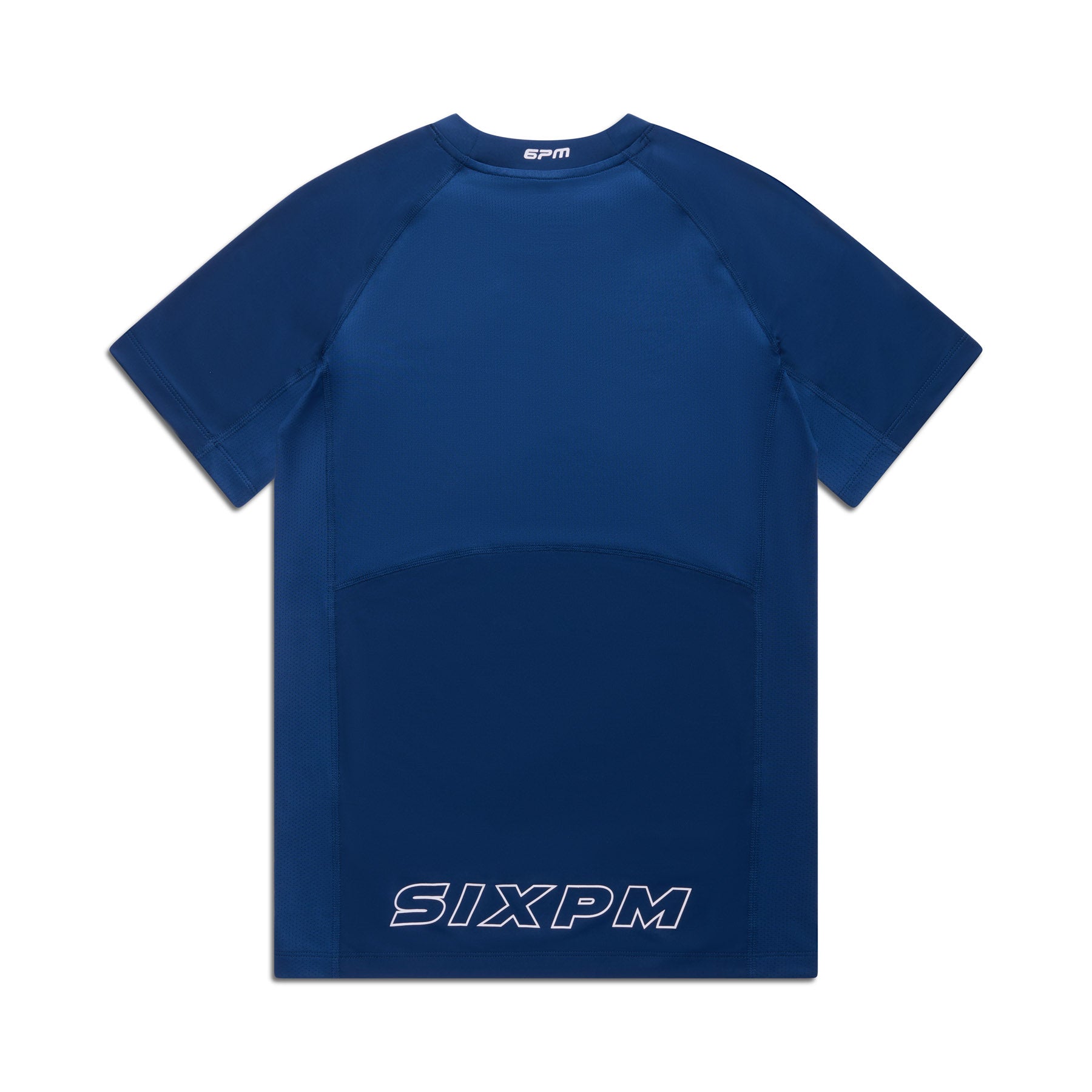 The 6PM SPORTS T-SHIRT DEEP SEA BLUE by 6PM is a navy short-sleeve athletic shirt, shown from the back with "SIXPM" in large white letters near the hem and a small 6PM logo at the neckline.