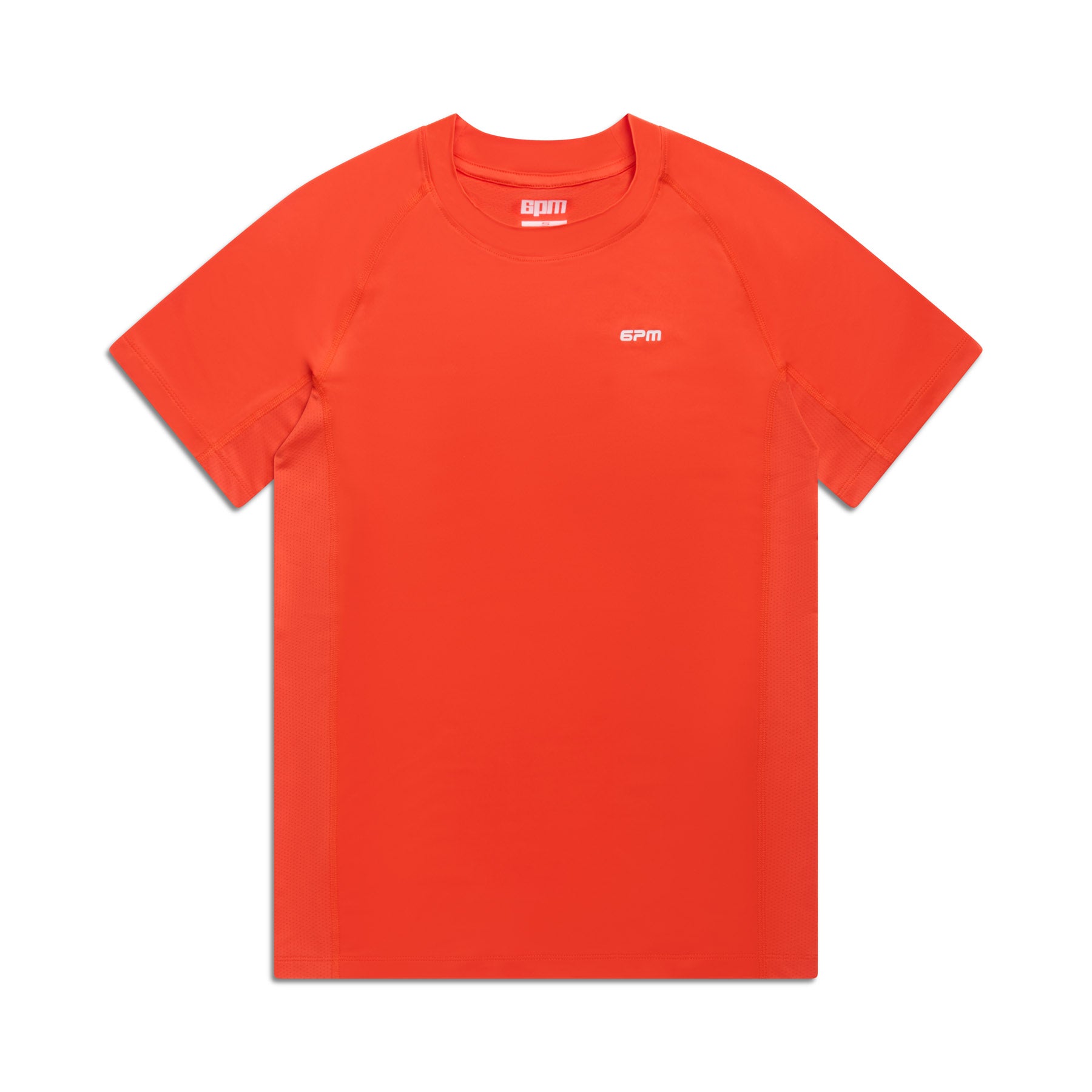 A plain sunstone red short-sleeve athletic t-shirt by 6PM with a small white GPM logo on the chest, displayed on a white background.