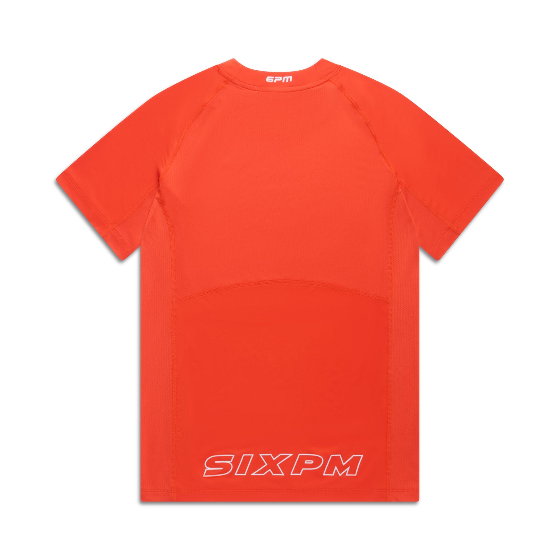 6PM SPORTS T-SHIRT SUNSTONE RED by 6PM shown from the back, with bold white SIXPM lettering near the bottom hem and small spm text in white at the neckline. Bright orange short-sleeve athletic design.
