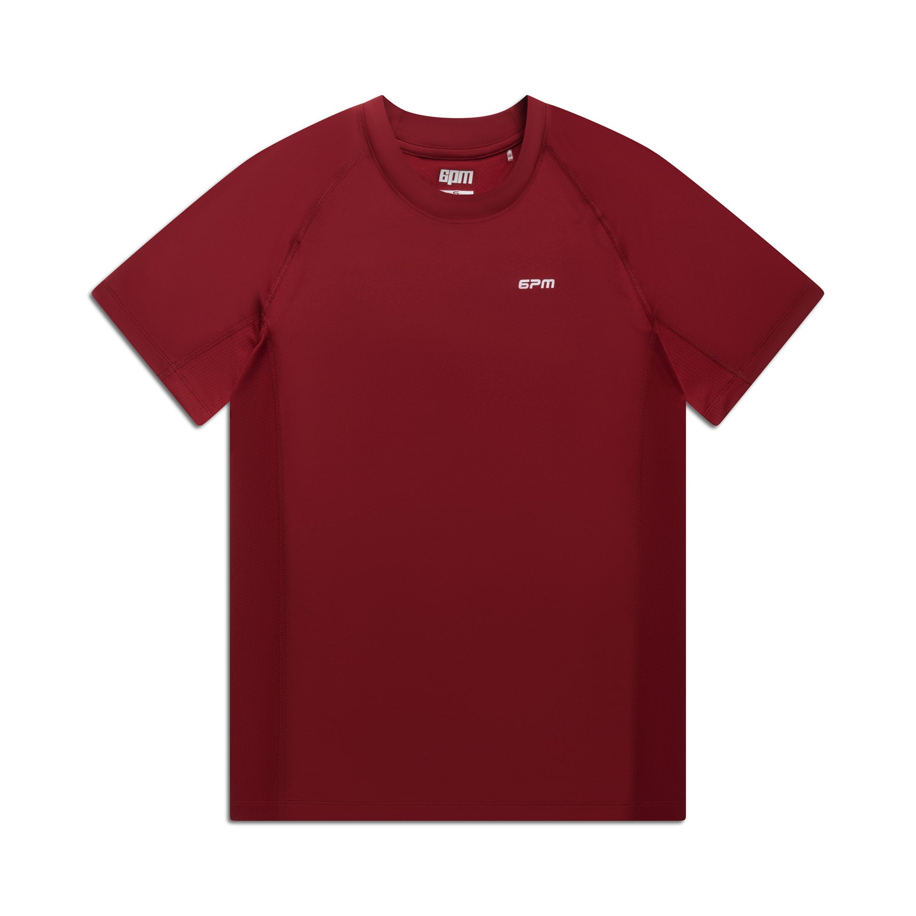 The 6PM SPORTS T-SHIRT WINE RED is a plain short-sleeve athletic tee in dark red, featuring a small white 6PM logo on the left chest, shown against a white background.