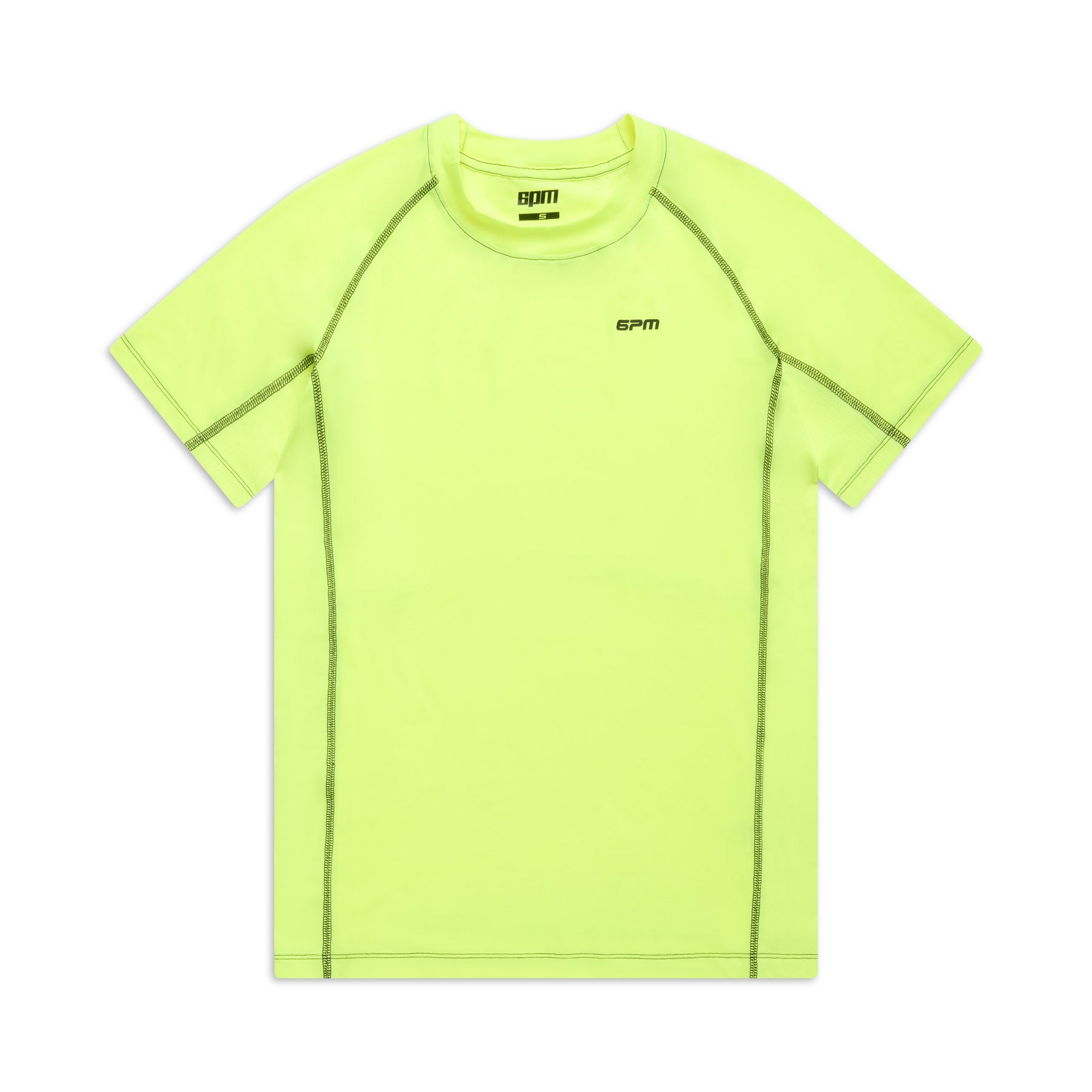 The 6PM SPORTS T-SHIRT NEON YELLOW by 6PM is a short-sleeve neon yellow athletic tee with green stitching and the 6PM logo on the left chest, shown laid flat on a white background.