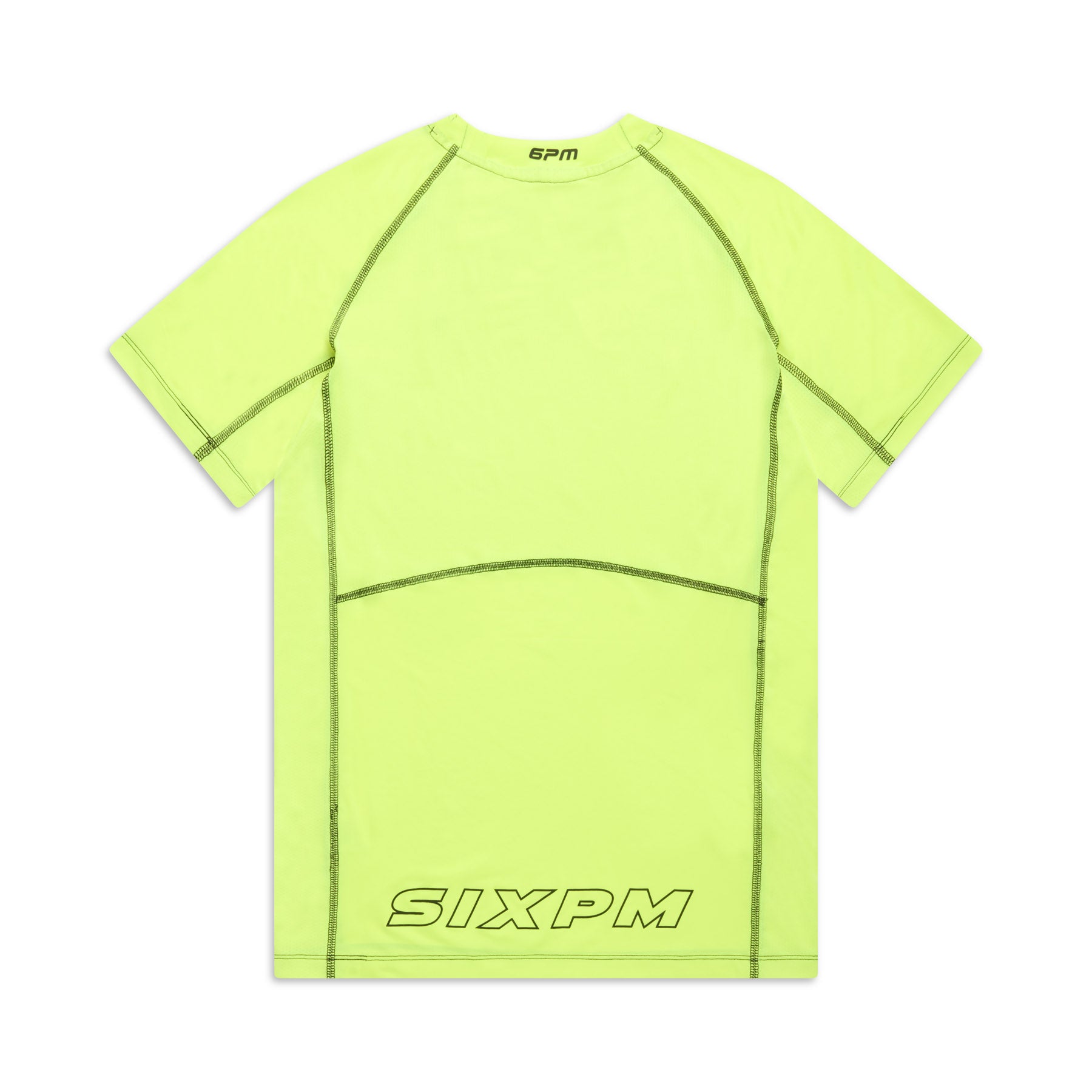 The 6PM SPORTS T-SHIRT NEON YELLOW by 6PM features short sleeves, neon yellow fabric, dark stitching, “6PM” printed at the collar, and bold “SIXPM” lettering near the lower back.