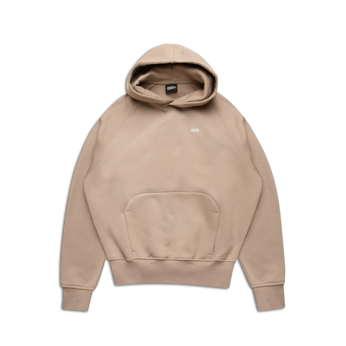 The 6PM HOODIE MOCCA CREAM features beige raglan sleeves, a front kangaroo pocket, long sleeves, ribbed cuffs and hem, and a small white chest logo—ideal for everyday wear. Shown laid flat on a white background.