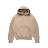 The 6PM HOODIE MOCCA CREAM features beige raglan sleeves, a front kangaroo pocket, long sleeves, ribbed cuffs and hem, and a small white chest logo—ideal for everyday wear. Shown laid flat on a white background.