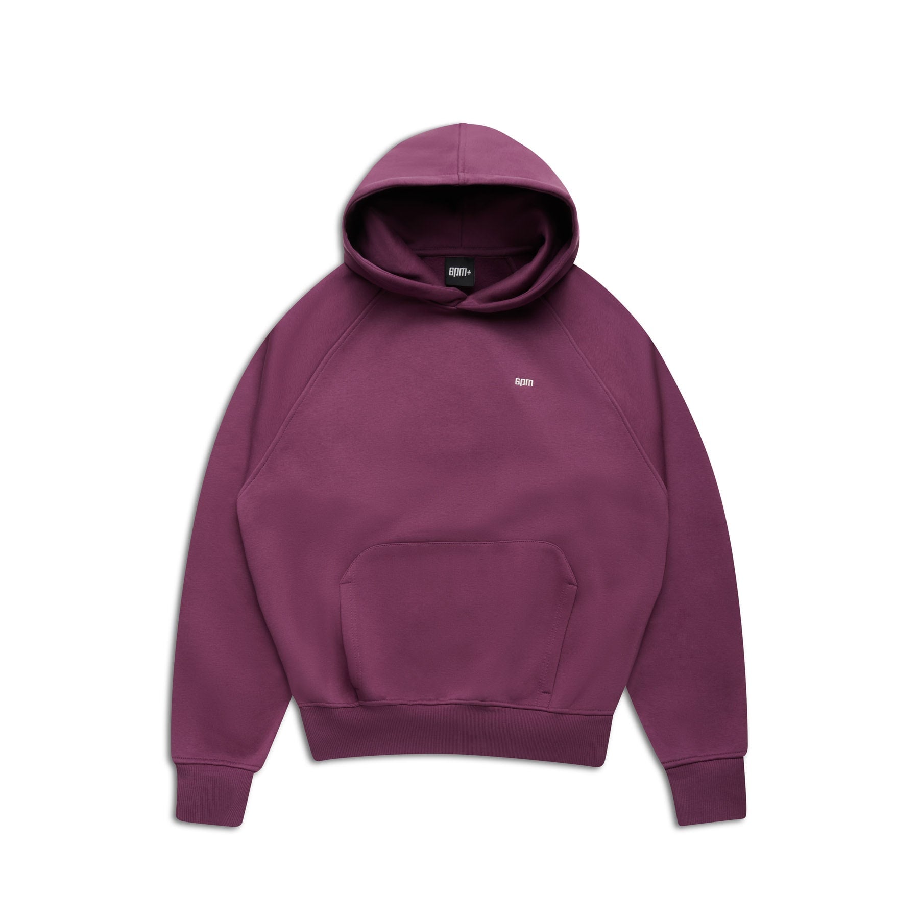 The HOODIE PLUM by 6PM is a deep purple raglan-sleeved hoodie featuring a small chest logo and a kangaroo pocket, perfect for daily wear. Displayed against a white background.