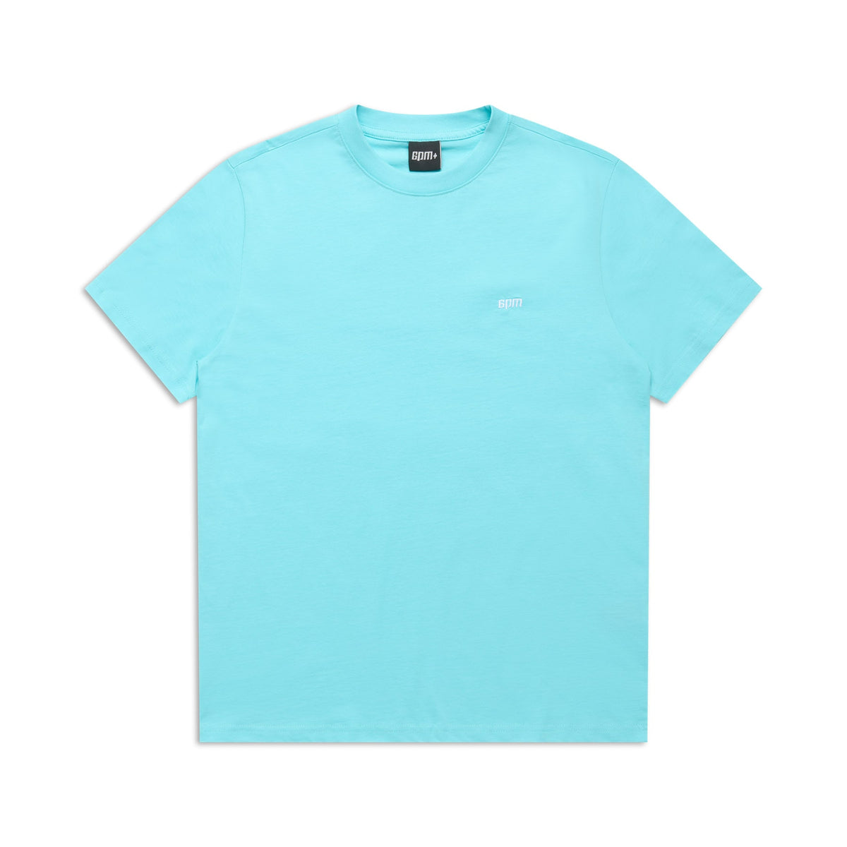 The 6PM T-SHIRT REGULAR FIT TURQUOISE is a simple turquoise short-sleeve tee with a small white logo on the left chest, perfect for effortless style, shown laid flat on a white background.