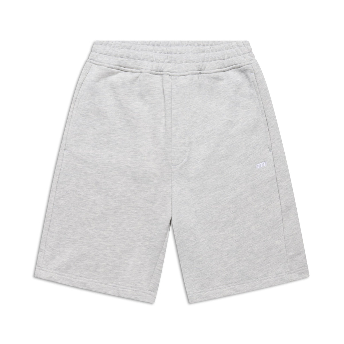 6PM 6PM+ SHORTS GREY MELANGE, featuring a soft brushed interior, elastic waistband, and two side pockets, shown laid flat on a white background with the logo subtly printed on the left side.