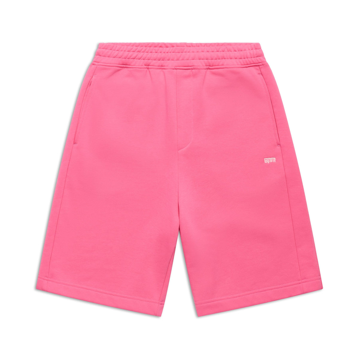 The 6PM+ SHORTS HOT PINK are knee-length, relaxed-fit shorts with an elastic waistband, side pockets, and a small white logo on the left thigh—perfect for comfortable lounging. Displayed flat on a white background.
