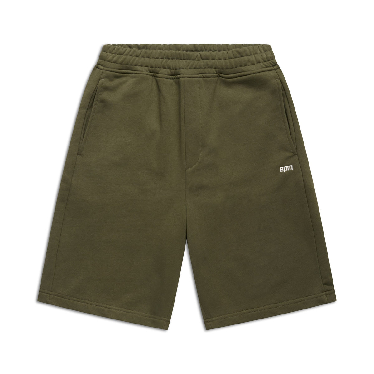 The 6PM+ SHORTS FOREST NIGHT by 6PM are olive green, knee-length shorts with a drawstring and elastic waistband, side pockets, a white BPM logo on the left thigh, and a soft fabric for a relaxed, comfortable casual fit.