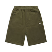 The 6PM+ SHORTS FOREST NIGHT by 6PM are olive green, knee-length shorts with a drawstring and elastic waistband, side pockets, a white BPM logo on the left thigh, and a soft fabric for a relaxed, comfortable casual fit.