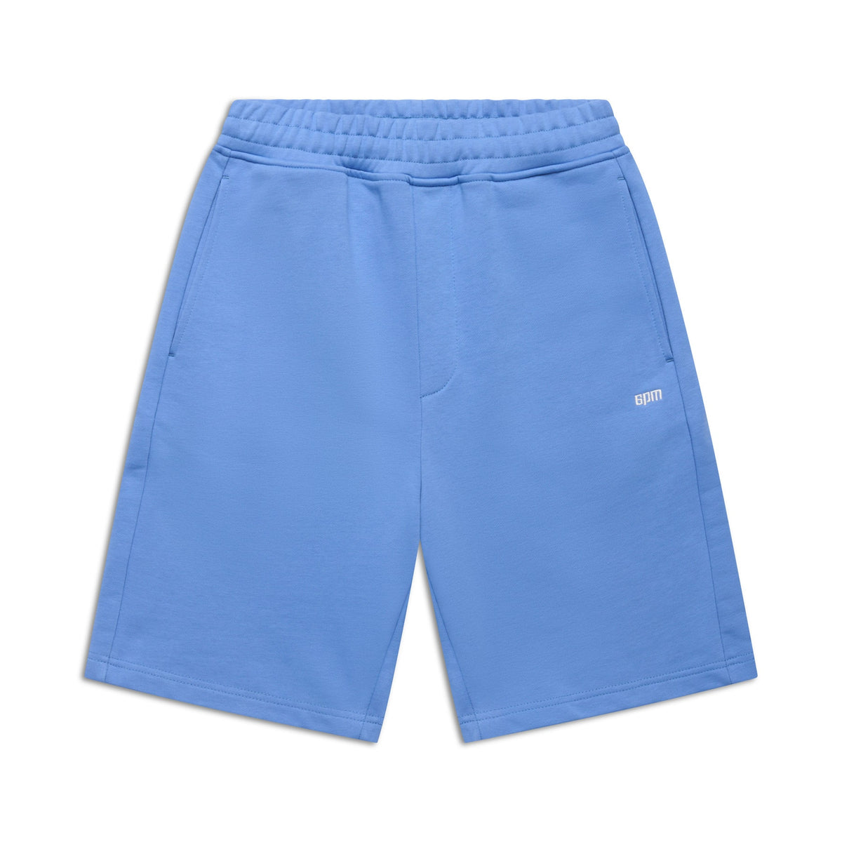6PM 6PM+ SHORTS PERSIAN BLUE feature a relaxed fit, soft brushed interior, elastic waistband, two side pockets, and a small white BRM logo on the left thigh. Displayed laid flat against a white background.