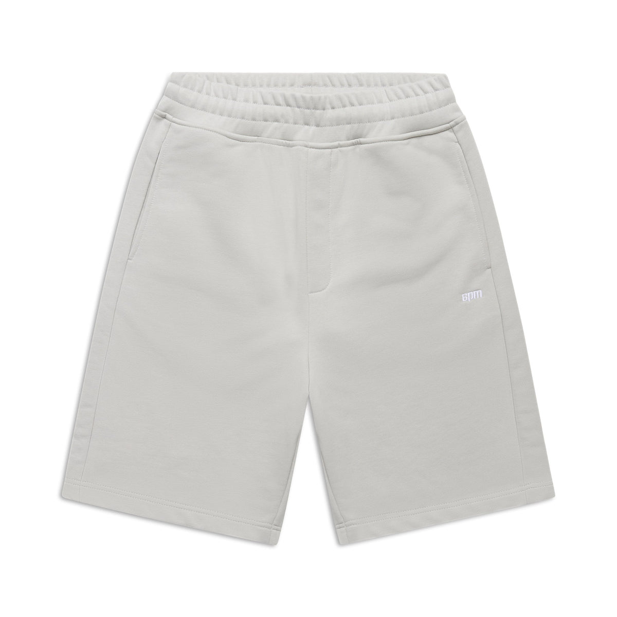 6PM+ SHORTS SMOKE GREY by 6PM: relaxed fit, elastic waistband, side pockets, and small white logo on the left leg. Displayed on a white background—perfect casual shorts for lounging.