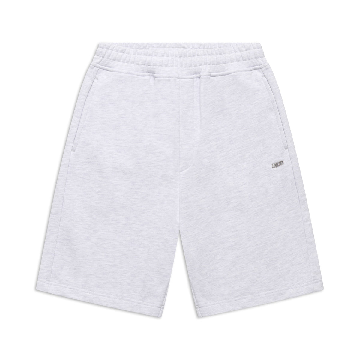 6PM+ SHORTS LIGHT GREY by 6PM: Light gray, knee-length sweat shorts with a relaxed fit, elastic waistband, side pockets, and an embroidered SOMI logo on the left leg. Ideal for lounging; shown laid flat on a white background.