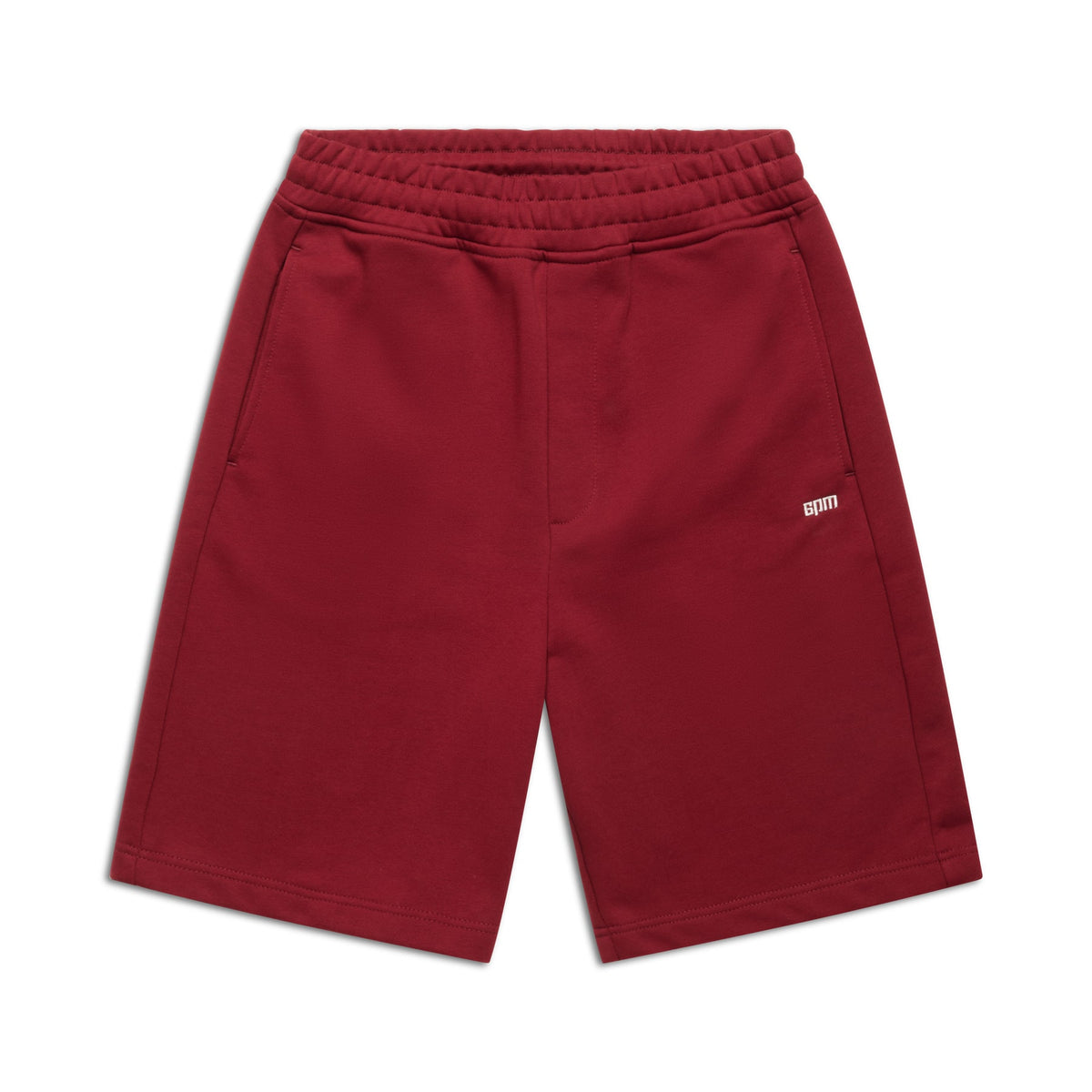 6PM+ SHORTS WINE RED by 6PM: Relaxed-fit red knee-length shorts with an elastic waistband, drawstring, side pockets, and a small white logo on the left thigh—ideal for comfortable lounging.