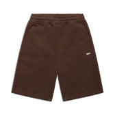 The 6PM+ Shorts Chocolate Brown by 6PM are knee-length, relaxed fit shorts featuring an elastic waistband, side pockets, and a small white GDM logo on the left thigh—perfect for lounging.
