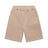 The 6PM+ SHORTS MOCCA CREAM by 6PM are beige, knee-length with a relaxed fit, elastic waistband, side pockets, and a small white embroidered logo on the left thigh—ideal for lounging. Shown flat on a white background.