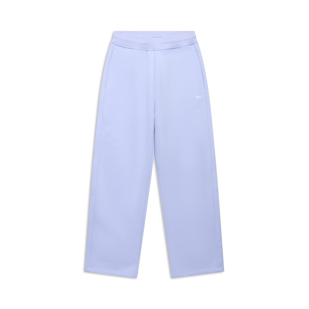 OPEN LEG JOGGER SOFT VIOLET: Soft violet wide-leg joggers with an elastic waistband and side pockets, featuring a modern classic design for ideal stacking length, shown flat on a white background.