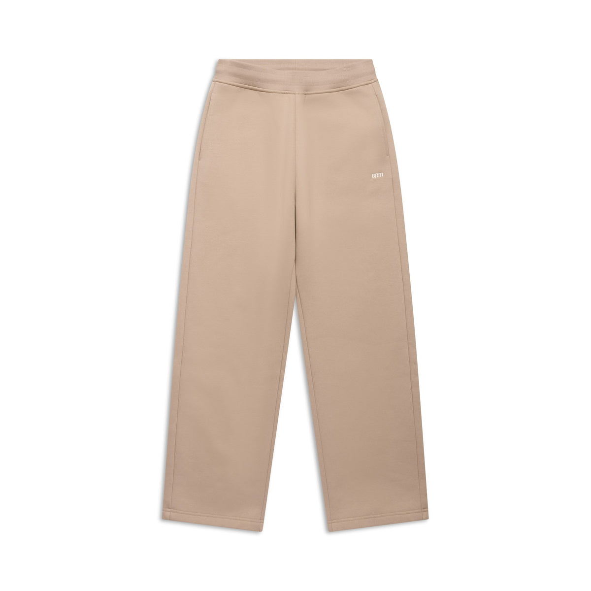 The OPEN LEG JOGGER MOCCA CREAM by 6PM: beige high-waisted wide-leg pants with stacking length, side pockets, and a subtle white logo on the left thigh—modern style shown on a white background.