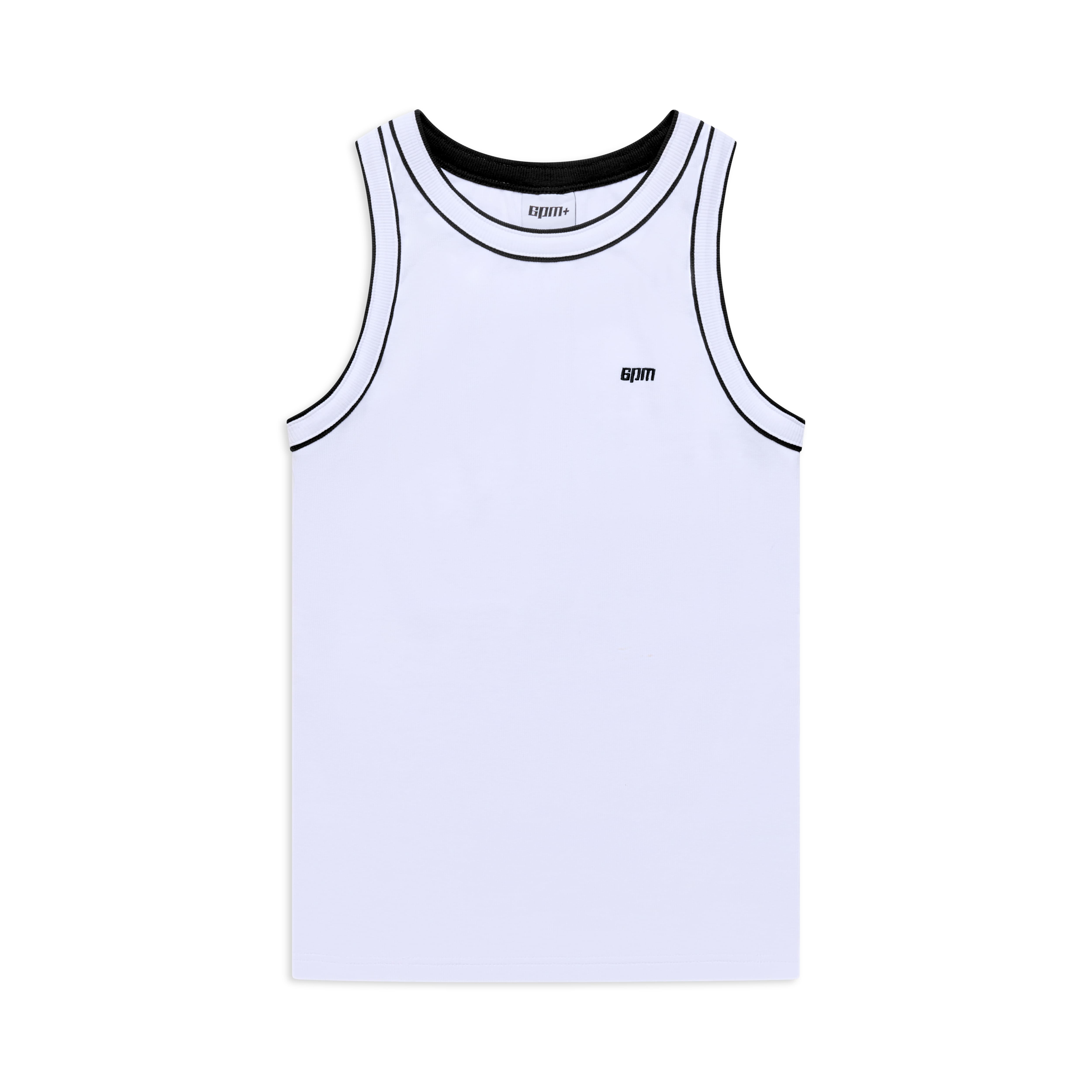 The 6PM TANKTOP WHITE/BLACK is a sleeveless top with black piping at the neck and armholes, featuring a small GXM logo on the front. Displayed flat on a white background.