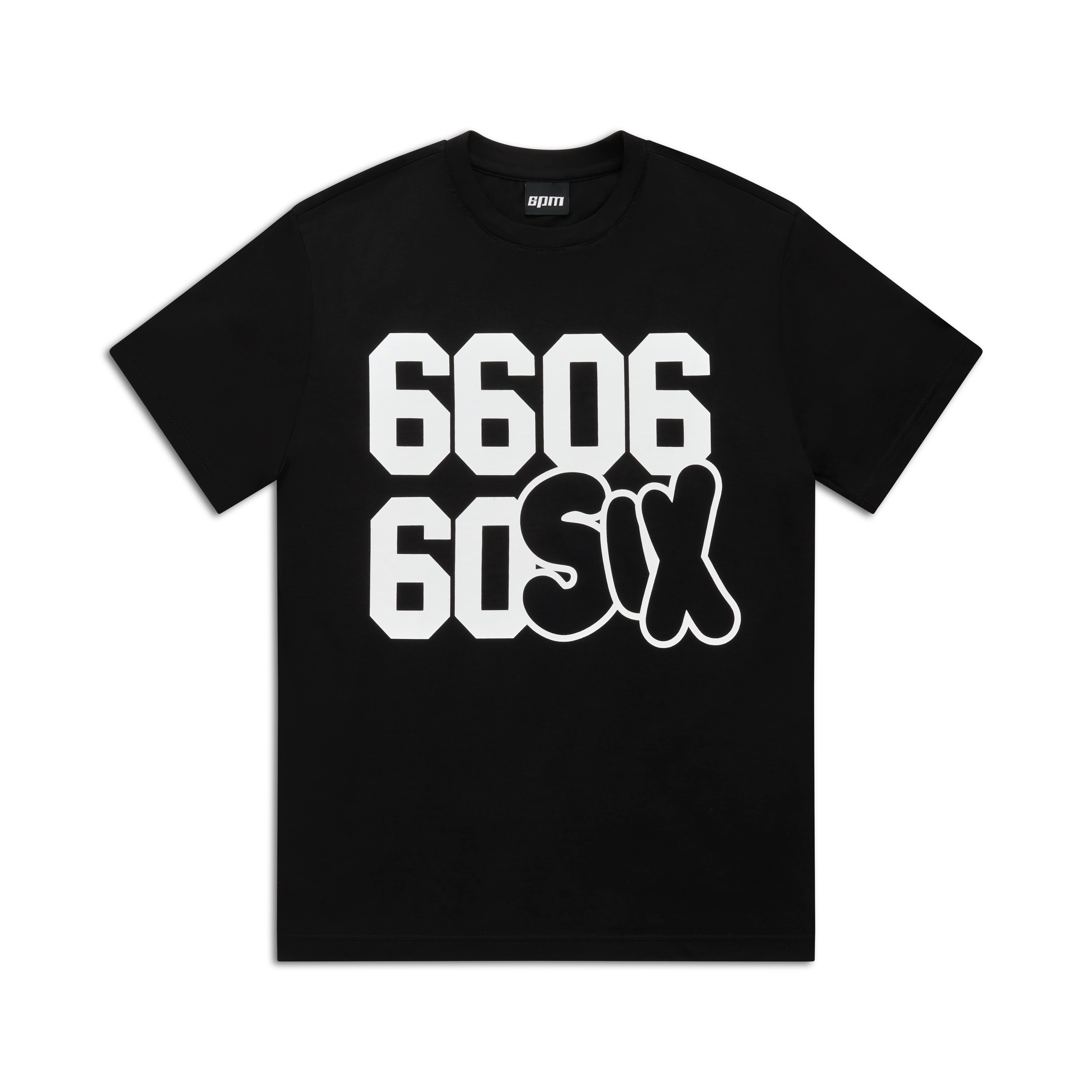 The 6PM 660660 TEE BLACK features large white 6606 numbers printed twice—one upside down—with the playful, bold 6IX design on a classic black t-shirt.