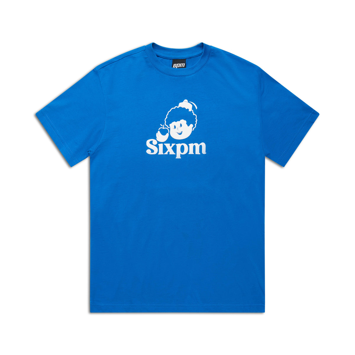 The APPLE BOY TEE BLUE by 6PM features a white cartoon smiling face holding a clock and “Sixpm” in bold white letters. The t-shirt is laid flat on a white background.