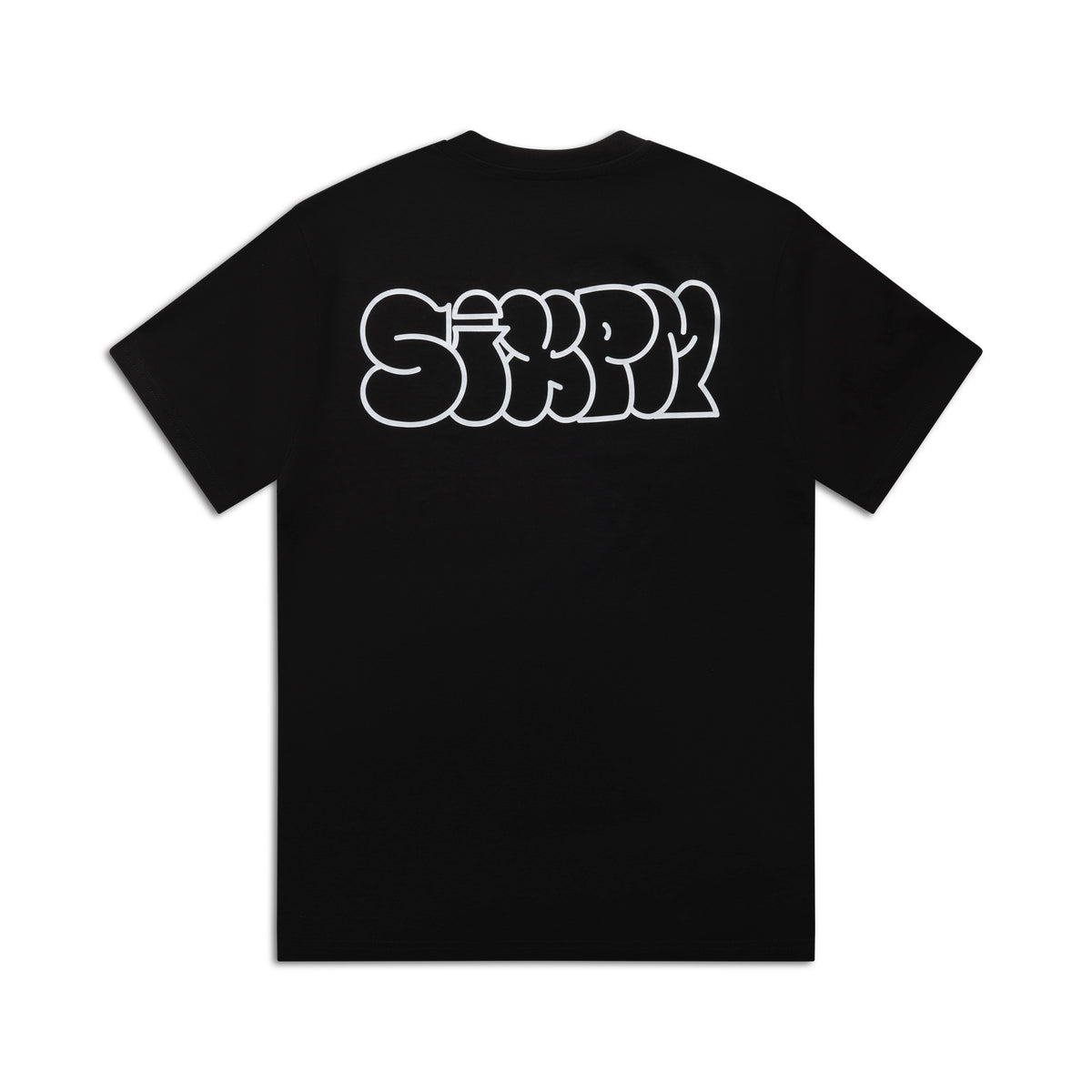 REFLECTIVE LOGO TEE BLACK by 6PM: Black tee featuring bold, graffiti-style reflective SIXPM text on the back, displayed against a plain white background.