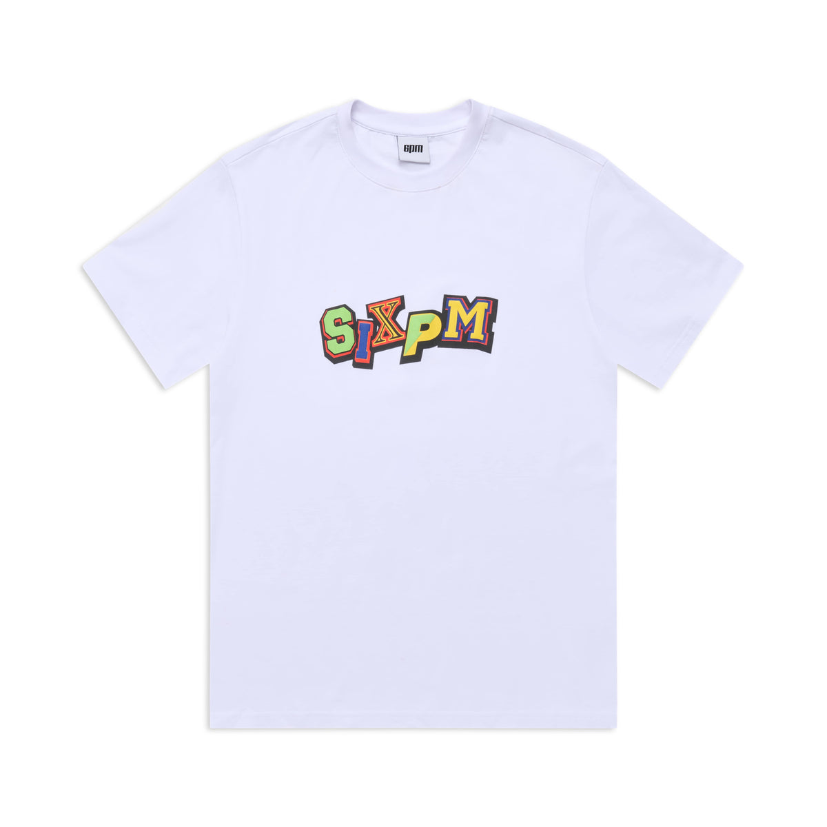The MULTI FONT TEE WHITE by 6PM is a white t-shirt featuring a bold, colorful cartoon-style 6PM logo across the chest. The shirt is displayed laying flat on a white background.
