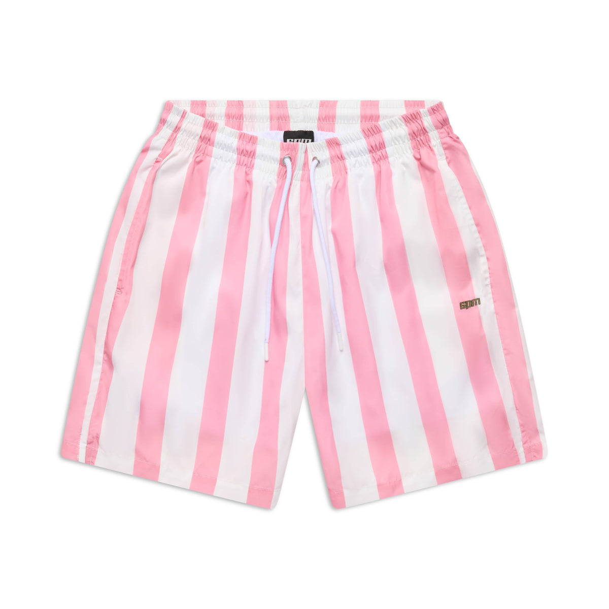 6PM STRIPED SWIM SHORTS WHITE/PINK feature pink and white vertical stripes, an elastic waistband, white drawstring, and a small black logo tag on the left side. Shown flat against a white background.
