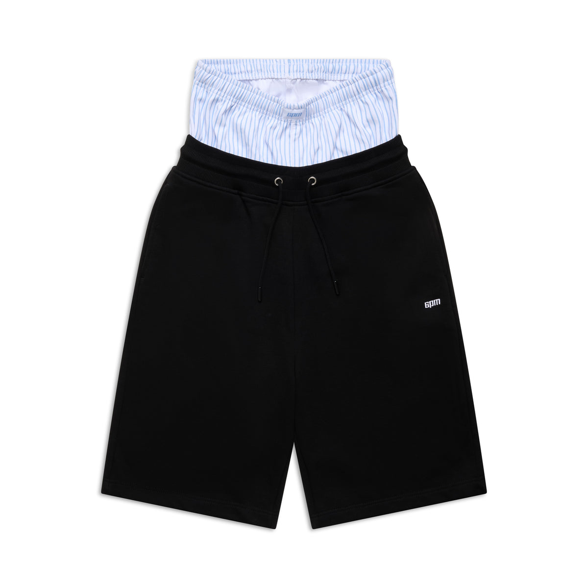 The 6PM BOXERS SHORTS BLACK feature a drawstring waist and a blue and white pinstriped inner layer, creating a distinctive double-waistband boxer-inspired look.