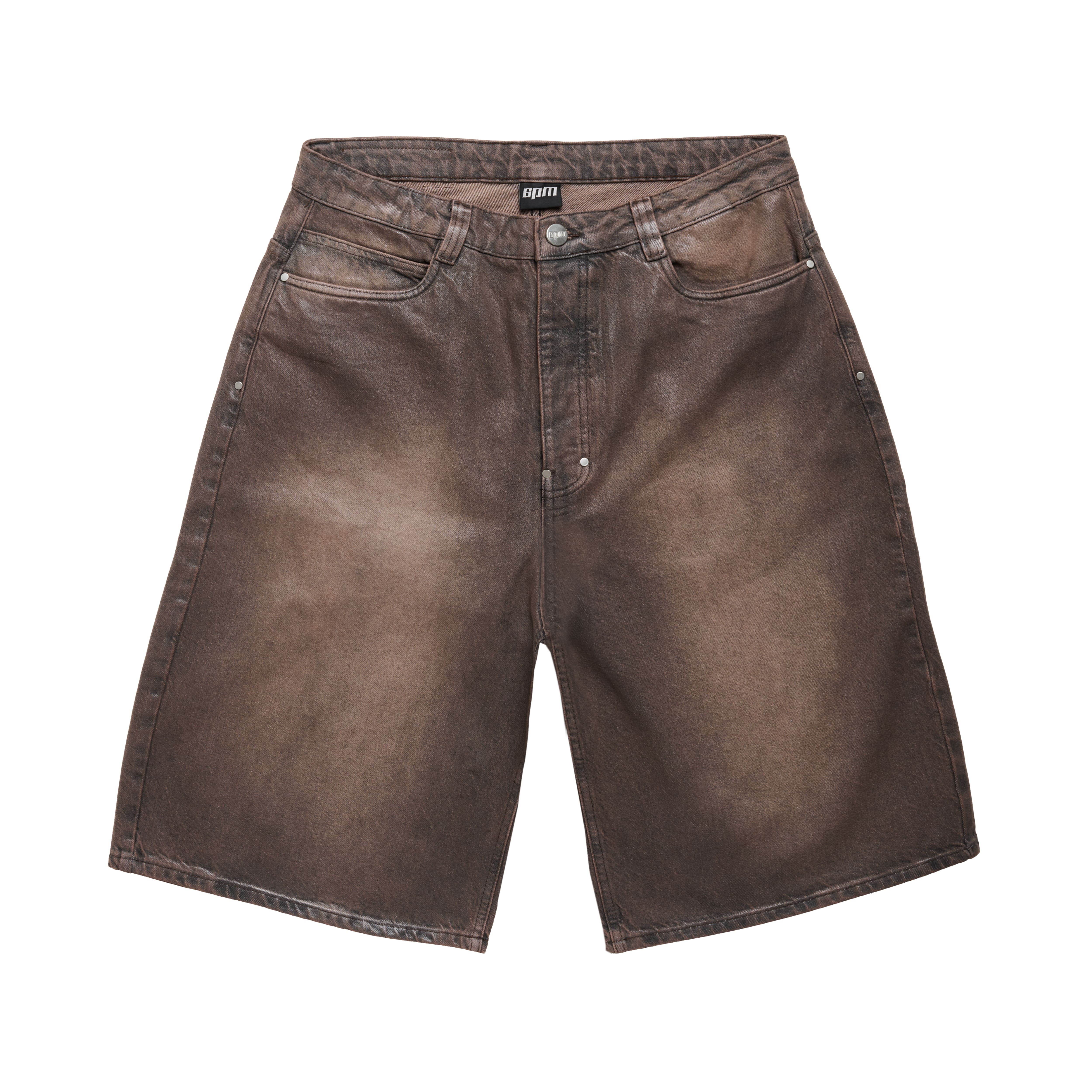 The 6PM COATED DENIM SHORTS WASHED BROWN are brown acid-wash shorts featuring front and back pockets, belt loops, and a button closure, shown laid flat on a white background.