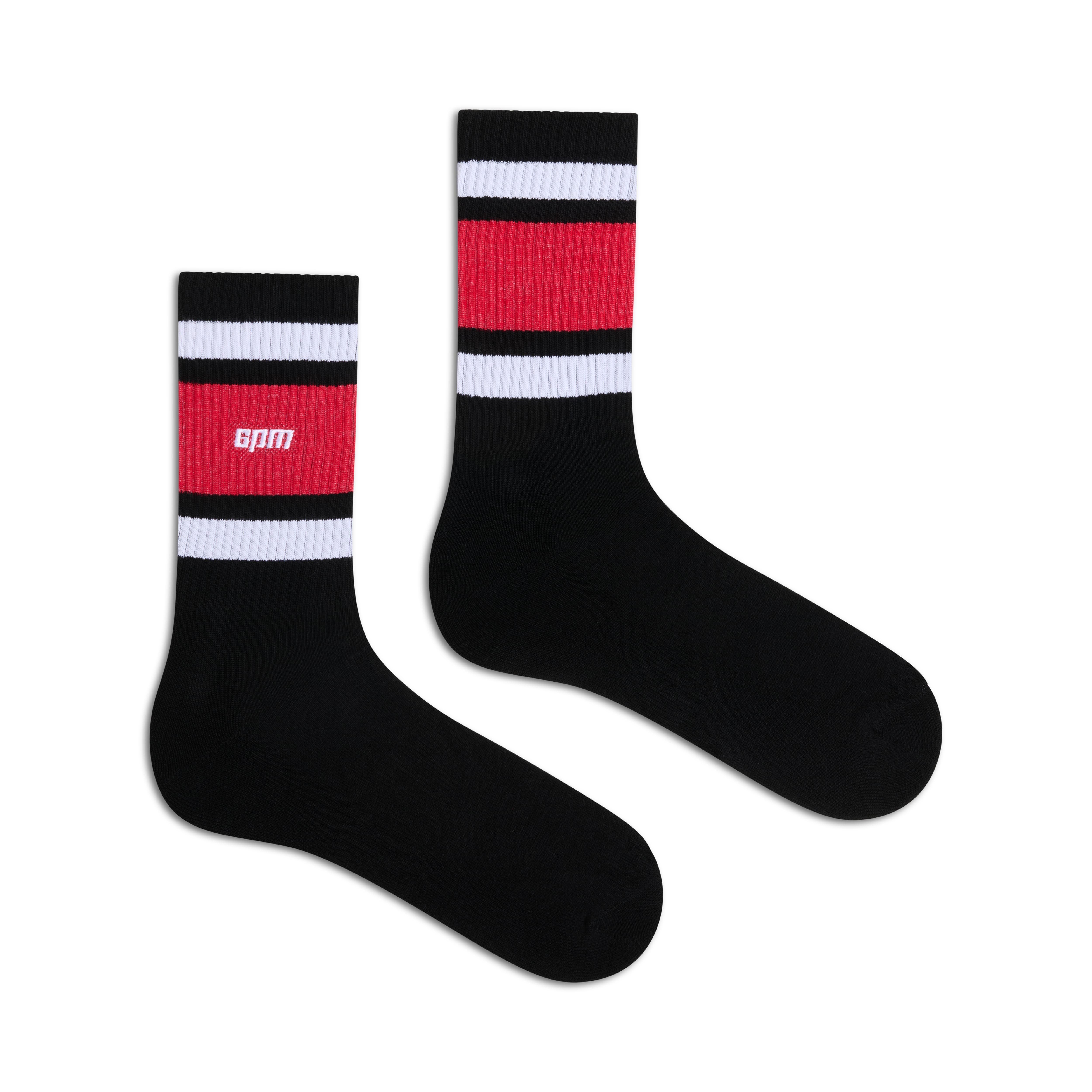 LOGO TUBE SOCKS BLACK by 6PM: Black crew socks featuring red and white stripes near the top and a small white gpm logo on the side, displayed flat on a white background.
