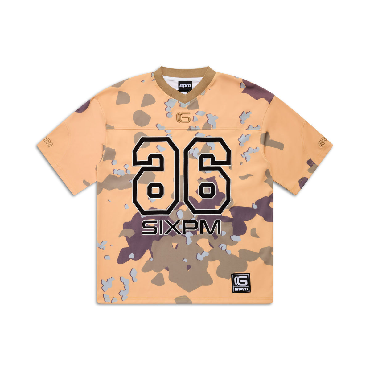The CAMO JERSEY BURRO by 6PM is a short-sleeve jersey in orange and brown camo, featuring a large black-outlined number 96 and SIXPM on the front, with logos on the chest and bottom left.