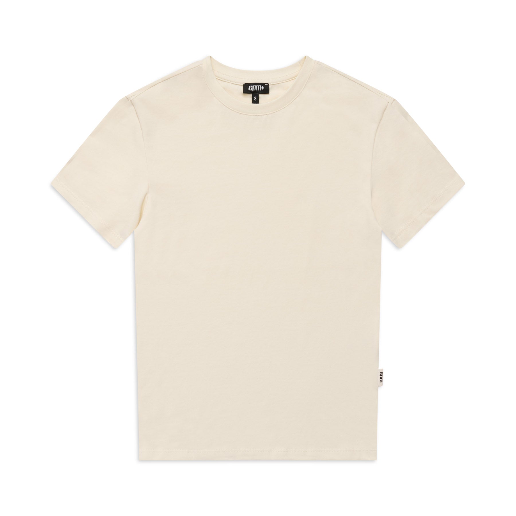 The 6PM WMNS T-SHIRT OFF-WHITE, a short-sleeved tee with a crew neckline and small black collar tag, is shown laid flat on a white background.