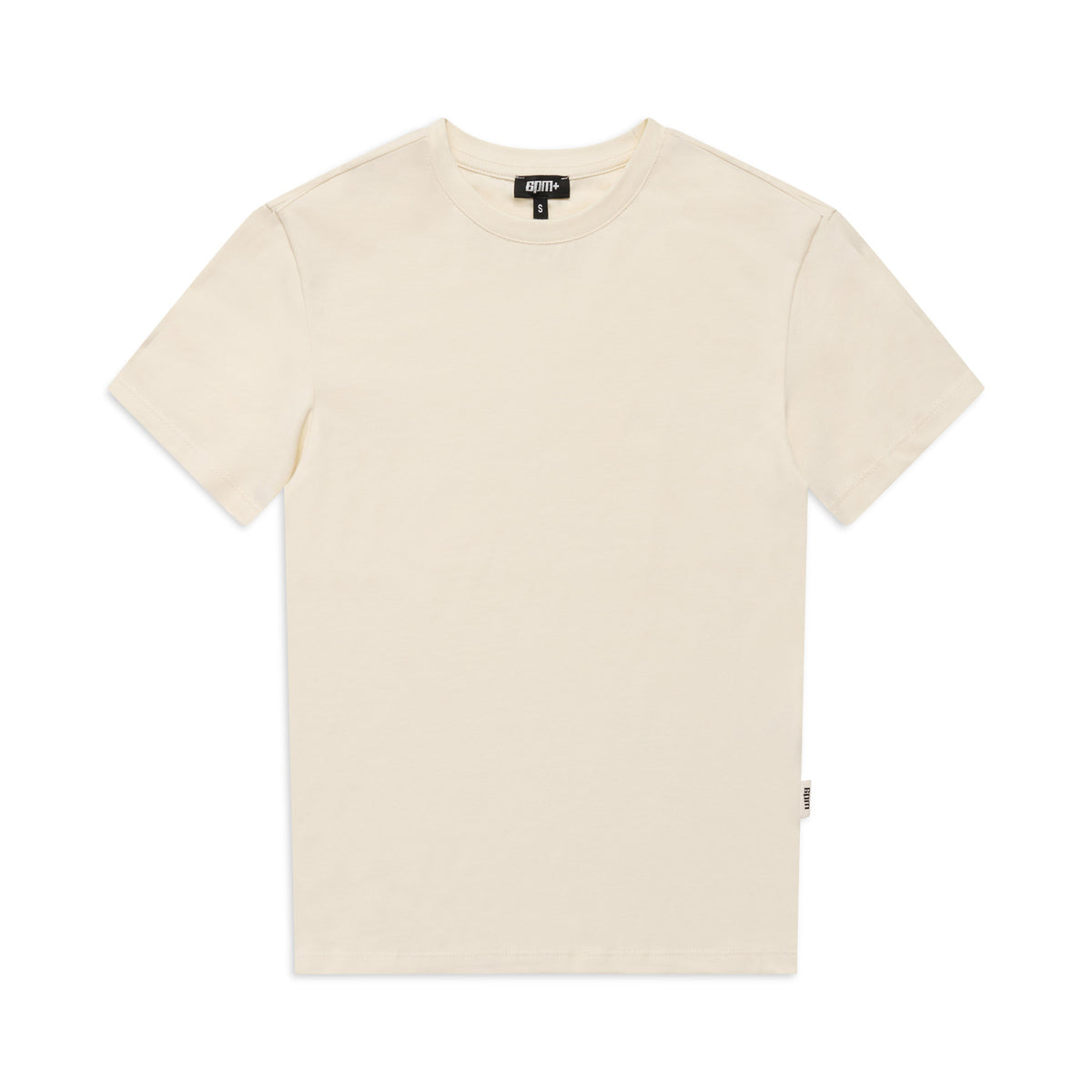 The 6PM WMNS T-SHIRT OFF-WHITE, a short-sleeved tee with a crew neckline and small black collar tag, is shown laid flat on a white background.