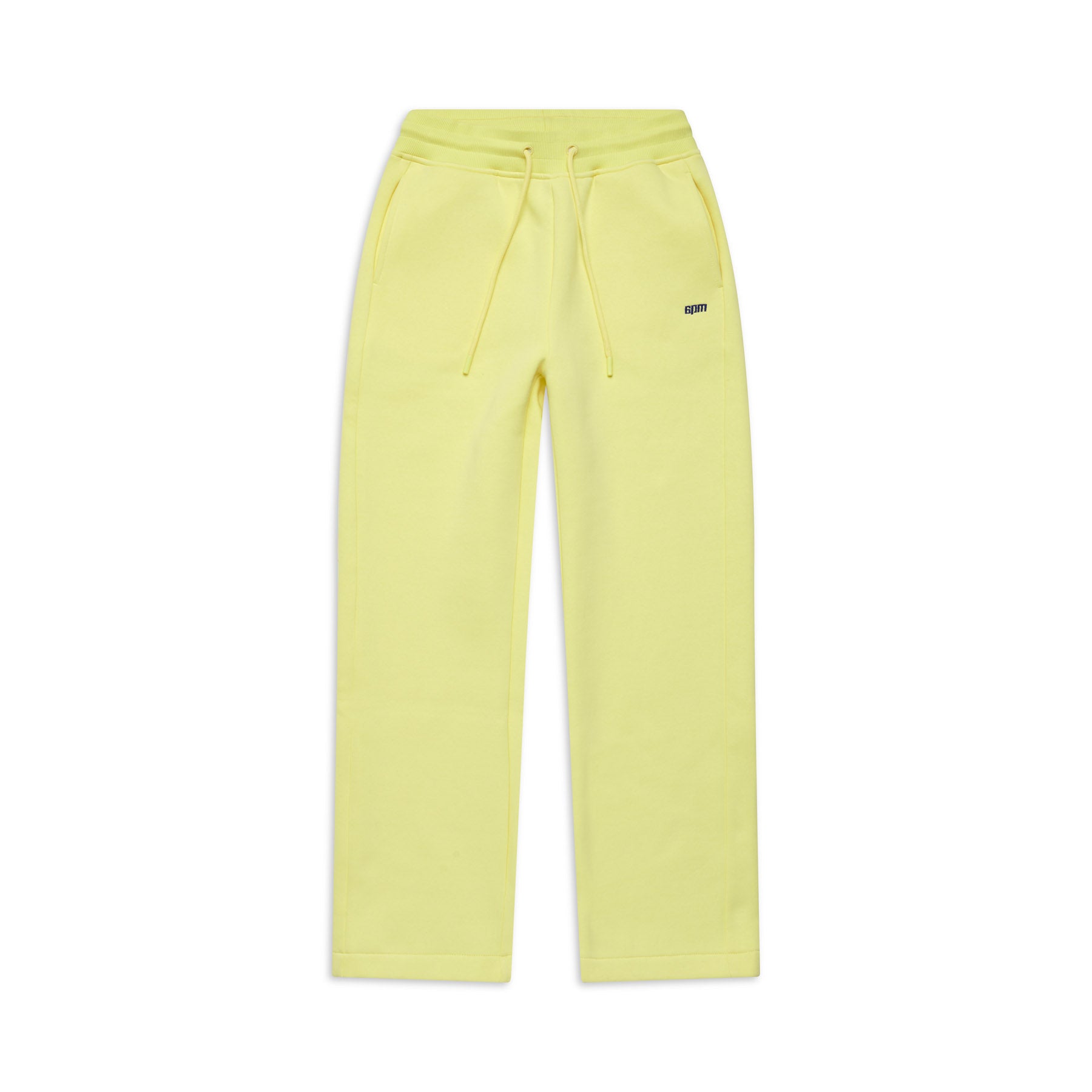 The 6PM WMNS OPEN LEG BUTTERCREAM sweatpants, featuring a light yellow color, elastic waistband with drawstrings, side pockets, and a small logo on the left hip, are shown laid flat on a white background.