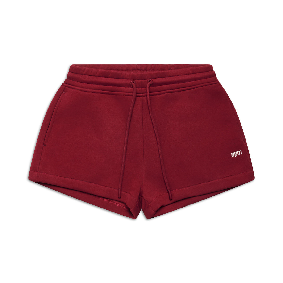 The 6PM WMNS SHORTS WINE RED feature an elastic waistband with drawstring, side pockets, and a small BPM logo on the left leg.
