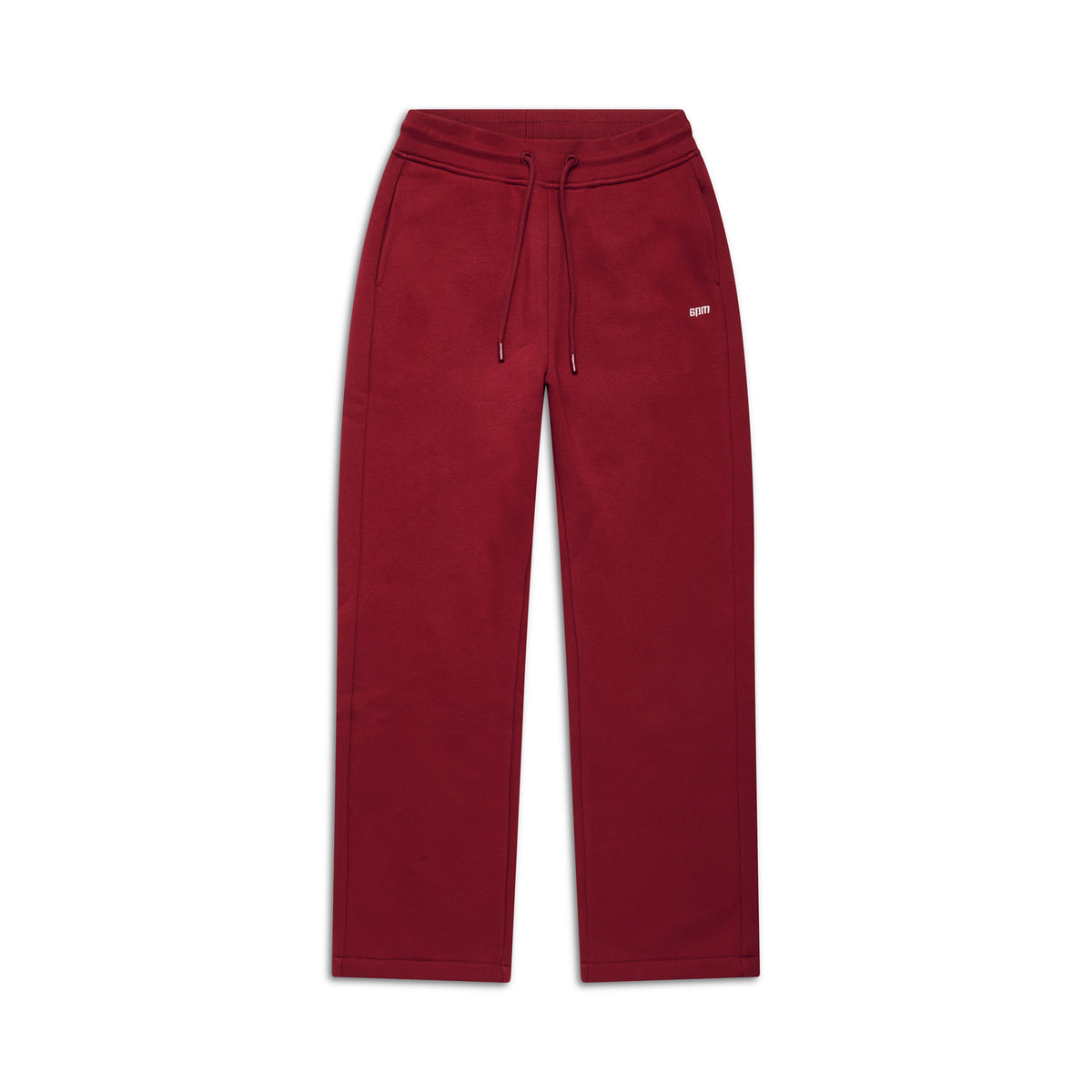 Flat lay of 6PMs WMNS OPEN LEG WINE RED sweatpants with a drawstring waist, side pockets, and small white text on the left thigh, shown against a white background.