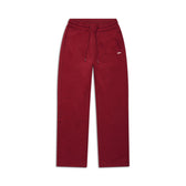 Flat lay of 6PMs WMNS OPEN LEG WINE RED sweatpants with a drawstring waist, side pockets, and small white text on the left thigh, shown against a white background.