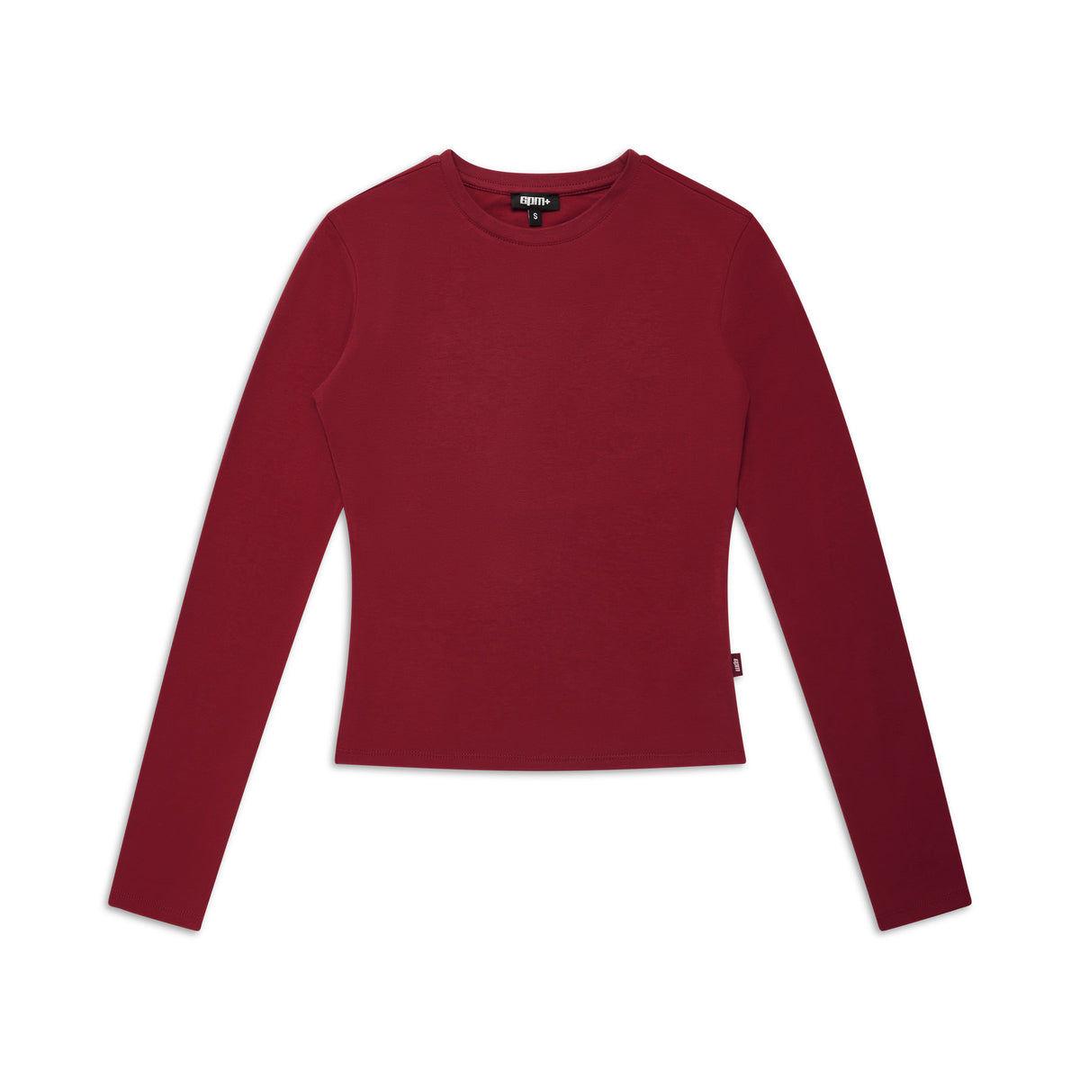 The 6PM WMNS LONGSLEEVE WINE RED is a fitted, long-sleeve shirt with a crew neckline, shown laid flat on a white background. It features a solid wine red color with no visible patterns or designs.