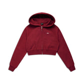 The 6PM WMNS Cropped Zip Hoodie in wine red features long sleeves, a hood, and a small white front logo.